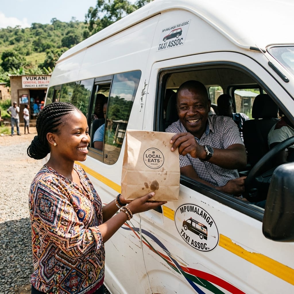 A sealed branded paper parcel being handed from a taxi to a customer outside a village general dealer