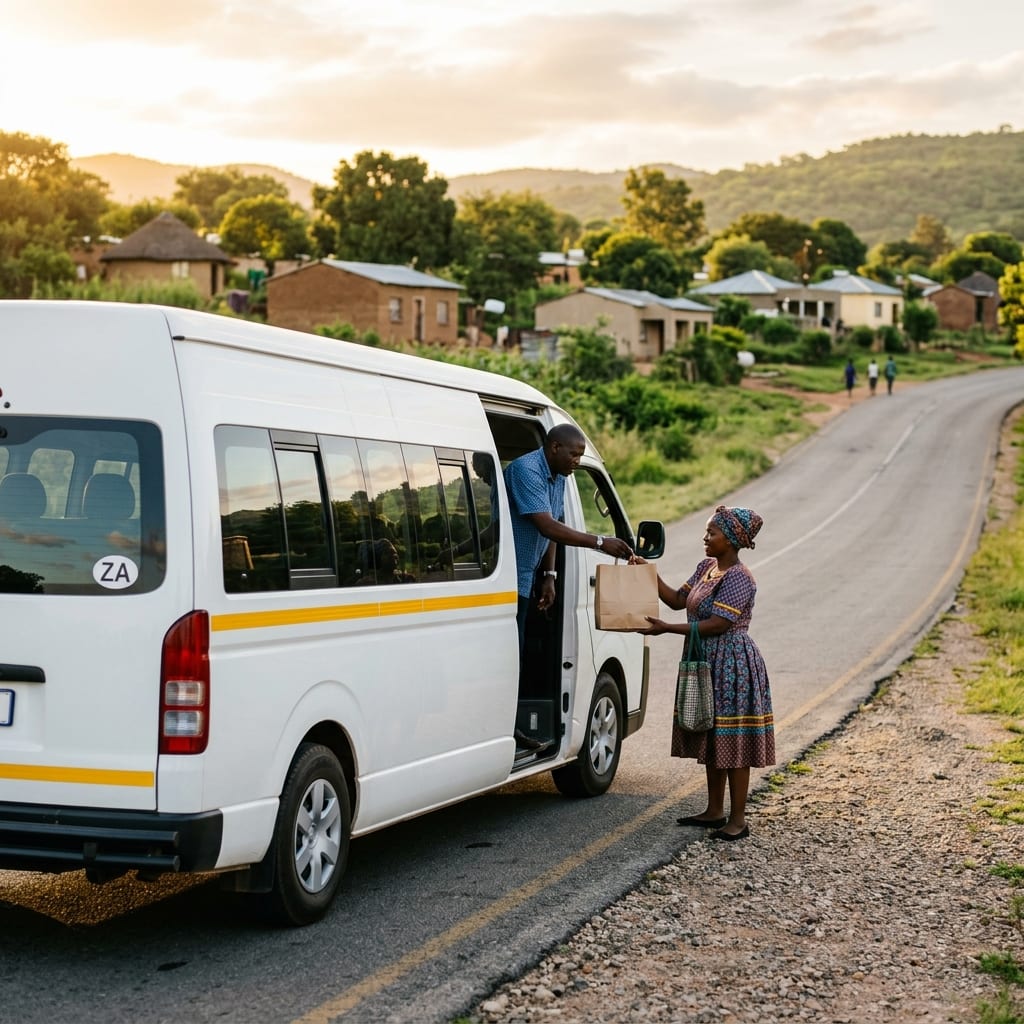 A minibus taxi driver handing a paper parcel to a woman at a roadside stop in a rural village