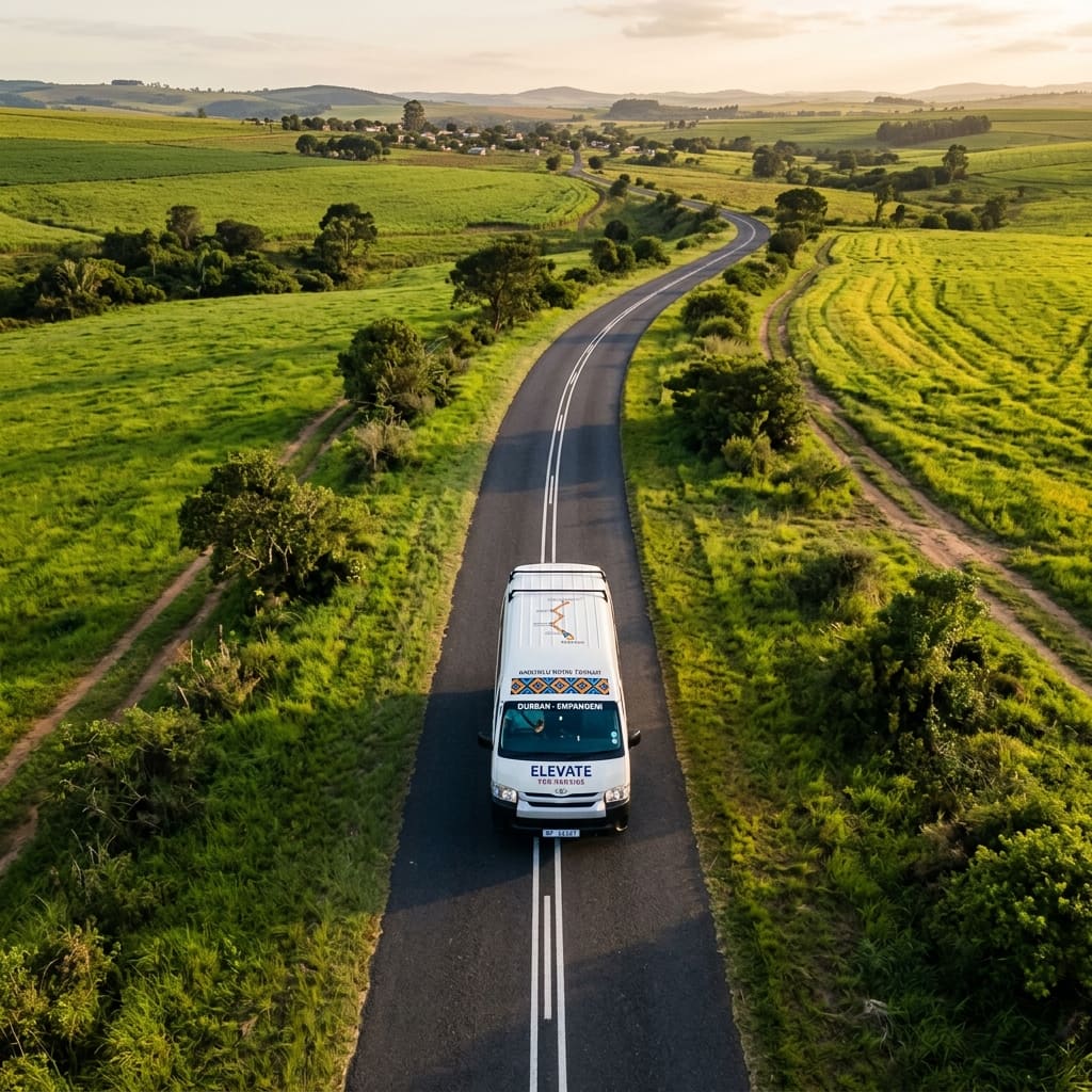 A minibus taxi on a rural road at golden hour