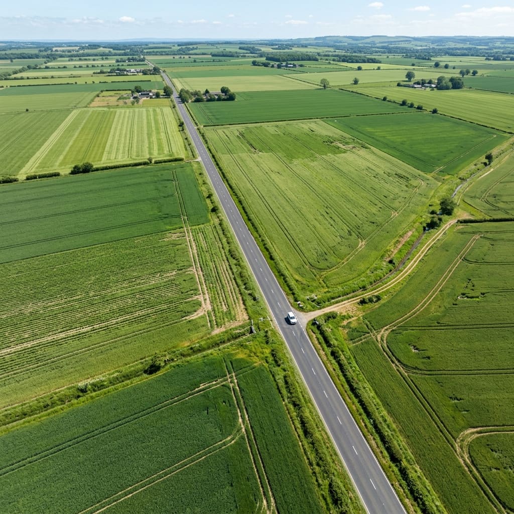 Aerial view of a single road cutting through farmland between rural settlements